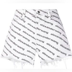 Alexander Wang White Denim Shorts with Black Logo Print
